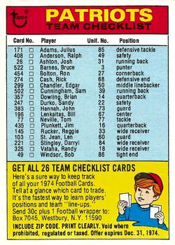 1974 Topps - Team Checklists #NNO New England Patriots Front