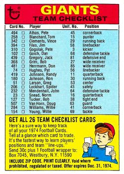 1974 Topps - Team Checklists #NNO New York Giants Front