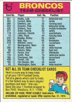 1974 Topps - Team Checklists #NNO Denver Broncos Front