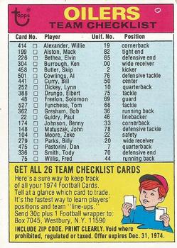 1974 Topps - Team Checklists #NNO Houston Oilers Front