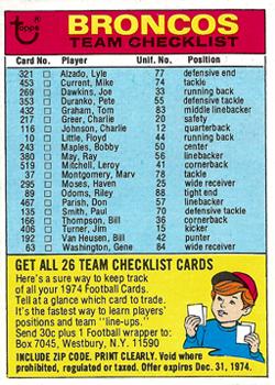 1974 Topps - Team Checklists #NNO Denver Broncos Front