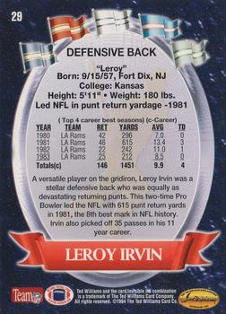 1994 Ted Williams Roger Staubach's NFL #29 LeRoy Irvin Back