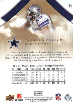 2008 Upper Deck Ultimate Collection #194 Tashard Choice Back