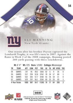 2008 Upper Deck Ultimate Collection #54 Eli Manning Back