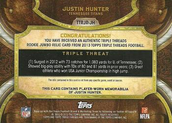 2013 Topps Triple Threads - Rookie Jumbo Relics Purple #TTRJR-JH Justin Hunter Back