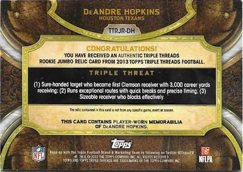 2013 Topps Triple Threads - Rookie Jumbo Relics Sapphire #TTRJR-DH DeAndre Hopkins Back