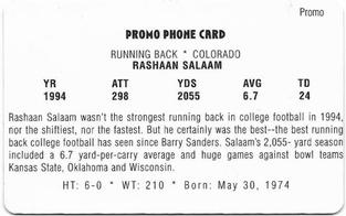 1995 Signature Rookies Auto-Phonex - Phone Card Promos #PROMO Rashaan Salaam Back