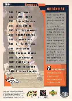 1997 Collector's Choice Denver Broncos #DN14 Checklist Back