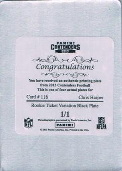 2013 Panini Contenders - Printing Plate Black #118 Chris Harper Back