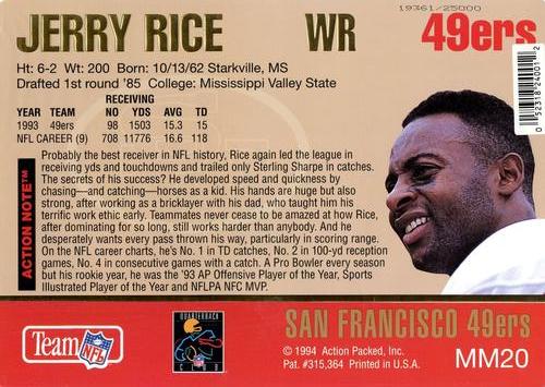 1994 Action Packed - Mammoth 7x10 #MM20 Jerry Rice Back