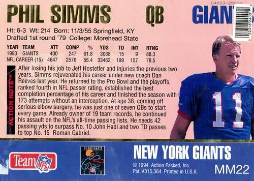 1994 Action Packed - Mammoth 7x10 #MM22 Phil Simms Back