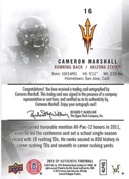 2013 SP Authentic - Autographs #16 Cameron Marshall Back
