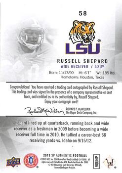 2013 SP Authentic - Autographs #58 Russell Shepard Back