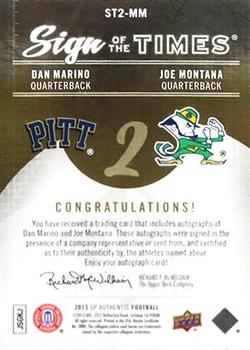 2013 SP Authentic - Sign of the Times Dual #ST2MM Dan Marino / Joe Montana Back