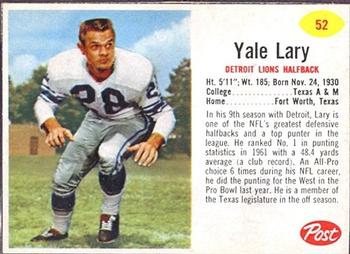 1962 Post Cereal #52 Yale Lary Front