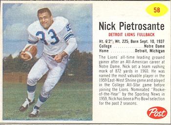 1962 Post Cereal #58 Nick Pietrosante Front