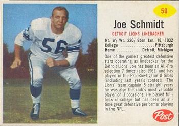 1962 Post Cereal #59 Joe Schmidt Front