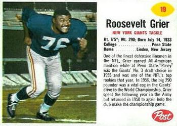 1962 Post Cereal #19 Roosevelt Grier Front