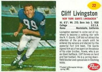 1962 Post Cereal #22 Cliff Livingston Front