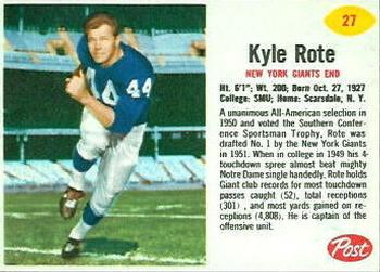 1962 Post Cereal #27 Kyle Rote Front