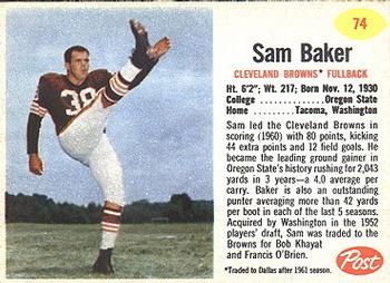 1962 Post Cereal #74 Sam Baker Front