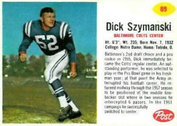 1962 Post Cereal #89 Dick Szymanski Front