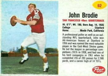 1962 Post Cereal #92 John Brodie Front