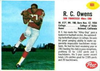 1962 Post Cereal #101 R.C. Owens Front
