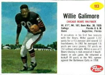 1962 Post Cereal #113 Willie Galimore Front