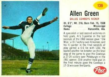 1962 Post Cereal #139 Allen Green Front