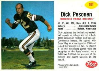 1962 Post Cereal #181 Dick Pesonen Front