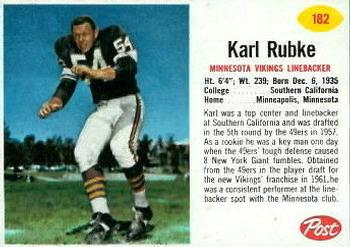 1962 Post Cereal #182 Karl Rubke Front