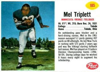 1962 Post Cereal #185 Mel Triplett Front