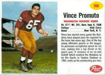 1962 Post Cereal #196 Vince Promuto Front