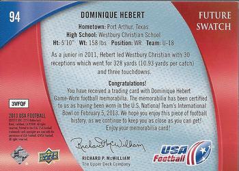 2013 Upper Deck USA Football #94 Dominique Hebert Back