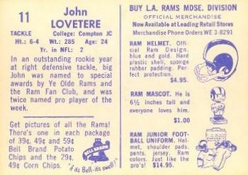 1960 Bell Brand Los Angeles Rams #11 John Lovetere Back