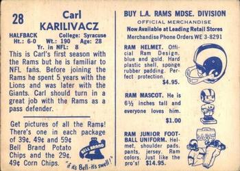 1960 Bell Brand Los Angeles Rams #28 Carl Karilivacz Back