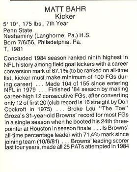 1985 Coke/Mr. Hero Cleveland Browns #NNO Matt Bahr Back