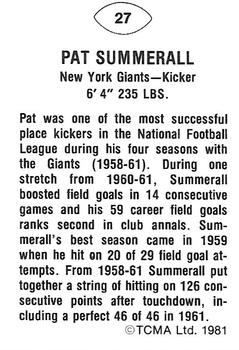 1981 TCMA Greats #27 Pat Summerall Back