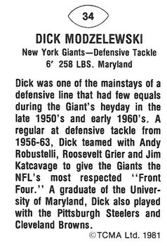 1981 TCMA Greats #34 Dick Modzelewski Back
