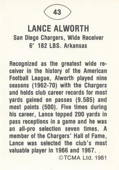 1981 TCMA Greats #43 Lance Alworth Back