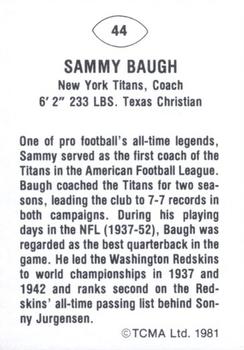 1981 TCMA Greats #44 Sammy Baugh Back