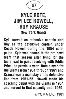 1981 TCMA Greats #67 Kyle Rote / Jim Lee Howell / Ray Krouse Back