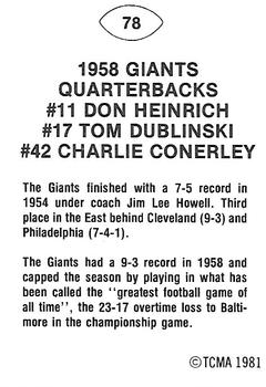 1981 TCMA Greats #78 1958 Giants Quarterbacks Back