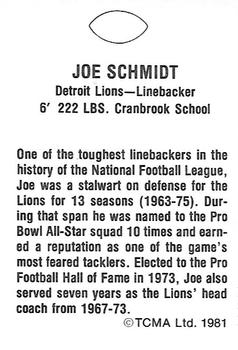 1981 TCMA Greats #NNO Joe Schmidt Back