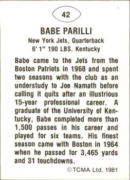 1981 TCMA Greats #42 Babe Parilli Back