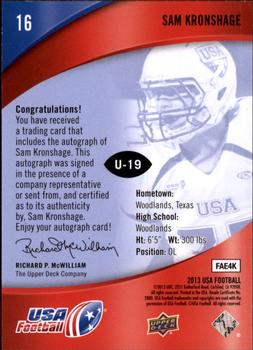 2013 Upper Deck USA Football - Autographs #16 Samuel Kronshage Back