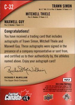 2013 Upper Deck USA Football - Team Canada Autographs #C-32 Trawn Simon / Mitchell Thiele / Maxwell Guy Back