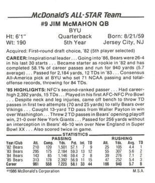 1986 McDonald's All-Star Team #NNO Jim McMahon Back