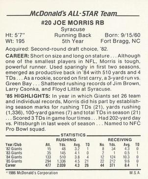 1986 McDonald's All-Star Team #NNO Joe Morris Back